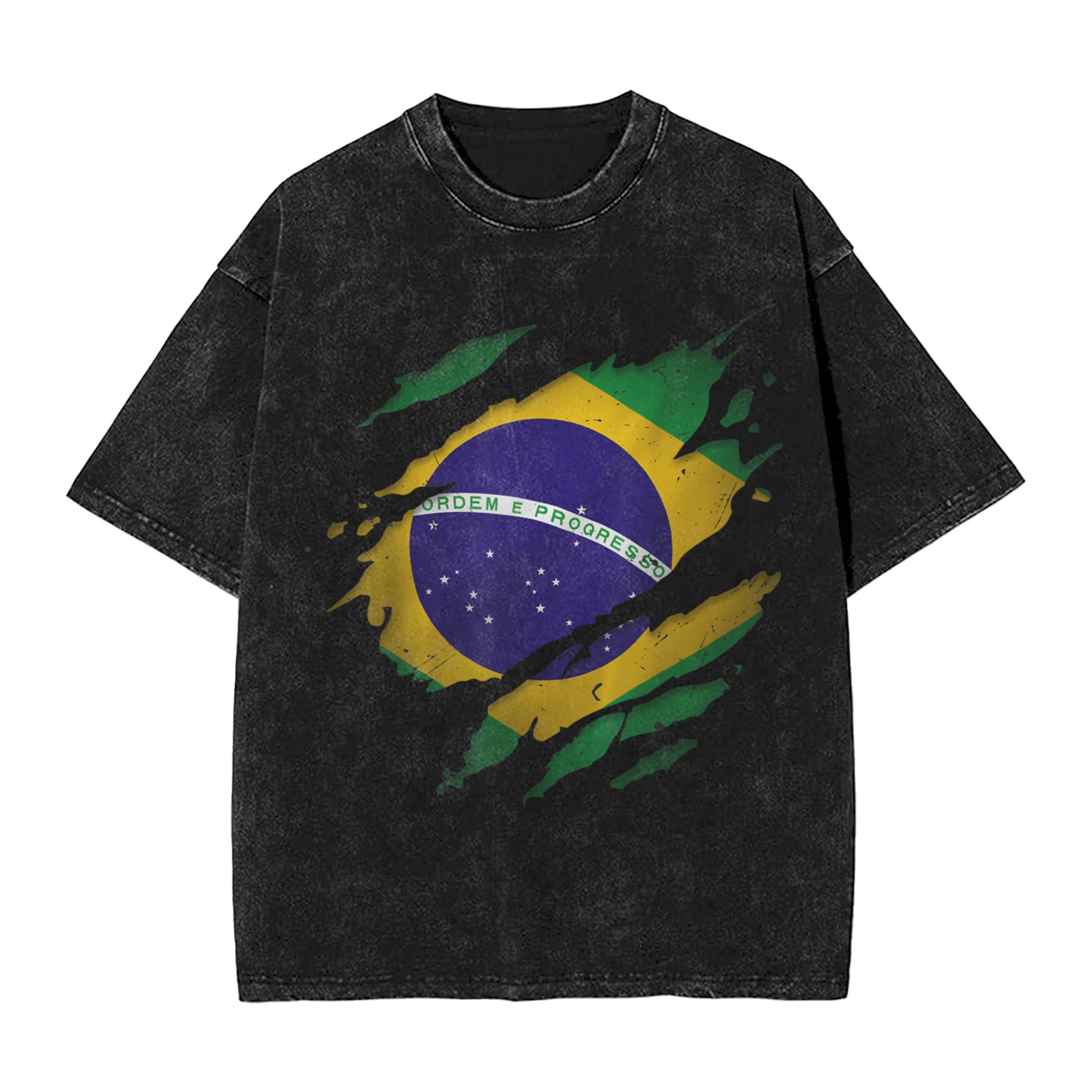 Street Fashion Brazil - T-Shirt con Bandiera Brasiliana Effetto Lavato,
